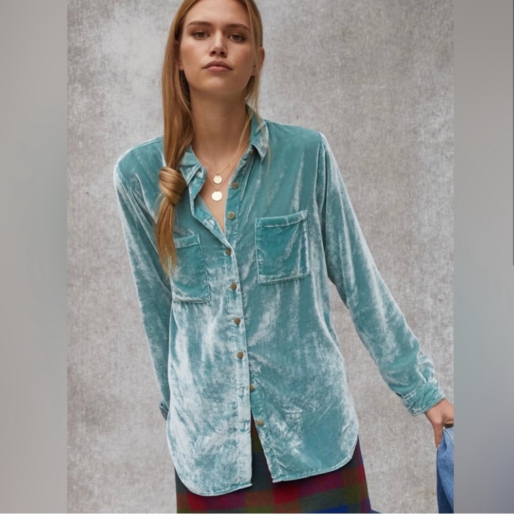 Anthropologie Pilcro Mara velvet Button Down Shirt turquoise
